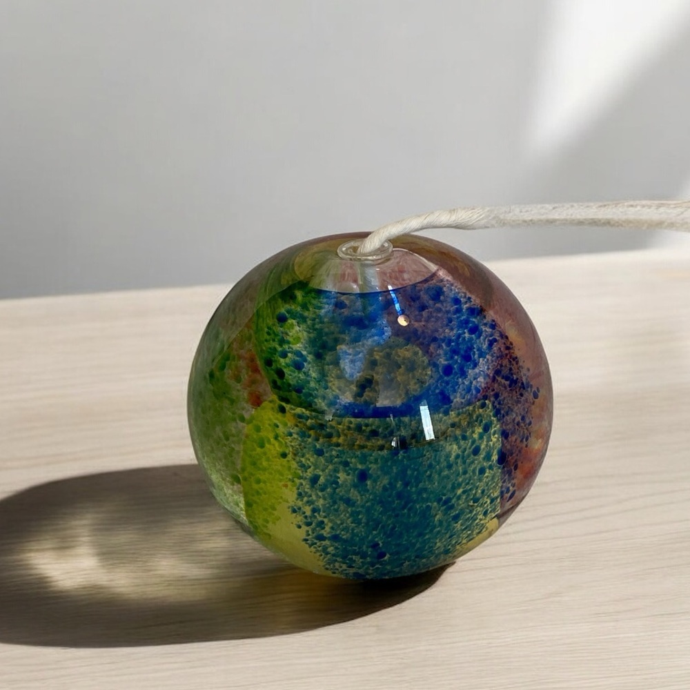 Art Glass Sphere Round Oil Lamp Paper Weight Heavy  Speckled Multicoloured 3.5”